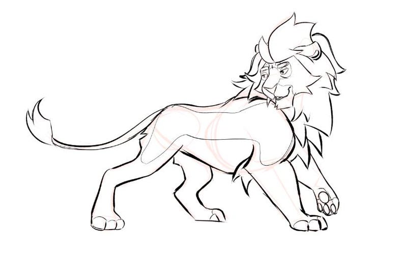 May include: Line drawing of a lion in a walking pose. The lion has a detailed mane, a long tail, and is drawn with thick black lines. The lion's expression is calm and confident.