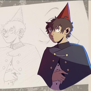 May include: Illustration of a character from the animated series "Over the Garden Wall." The character is depicted with brown hair, a red hat, and a dark blue cape with gold buttons. A pencil sketch of the character is visible in the background.