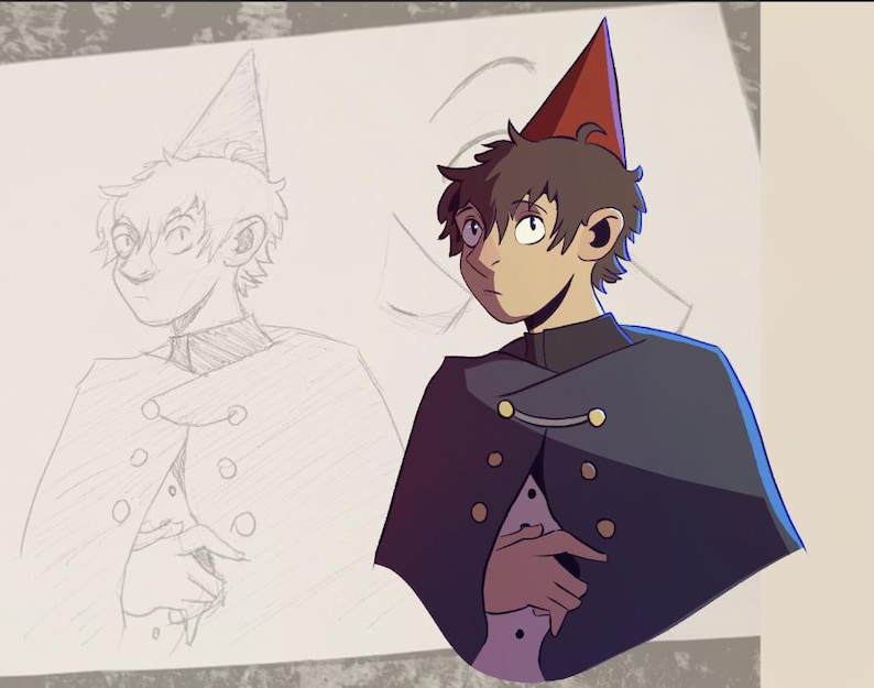 May include: Illustration of a character from the animated series "Over the Garden Wall." The character is depicted with brown hair, a red hat, and a dark blue cape with gold buttons. A pencil sketch of the character is visible in the background.