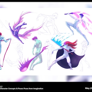 May include: Digital art illustration featuring character concepts and poses from imagination. The artwork showcases figures in dynamic poses with vibrant colors, including purple, red, and blue. The image includes text that reads "Digital Art Bootcamp 2021" and "Riley (Rich Creations Art)".