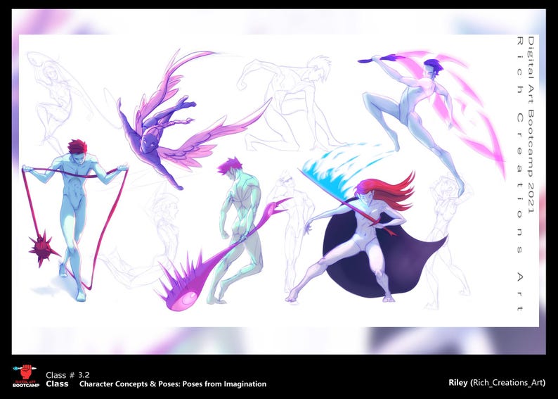 May include: Digital art illustration featuring character concepts and poses from imagination. The artwork showcases figures in dynamic poses with vibrant colors, including purple, red, and blue. The image includes text that reads "Digital Art Bootcamp 2021" and "Riley (Rich Creations Art)".