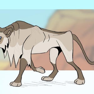May include: An illustration of a lion in a walking pose. The lion has a tan body with darker brown accents on its legs, mane, and tail. The background is a light blue gradient with a blurred image of a savanna.