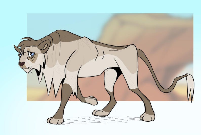 May include: An illustration of a lion in a walking pose. The lion has a tan body with darker brown accents on its legs, mane, and tail. The background is a light blue gradient with a blurred image of a savanna.
