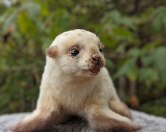 Posable Fur Seal Art Doll, One of a Kind Handmade Faux Fur Sculpture