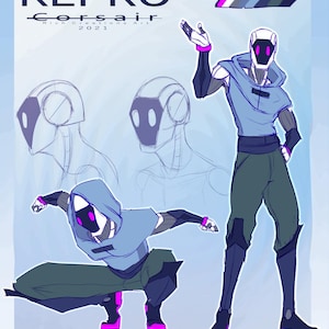 May include: Digital art illustration of a futuristic character in a blue hooded top and green pants. The character has a white face with purple accents and is in two poses. The word "REPRO" is at the top, with "Corsair" and "Rich Creations Art 2021" below.