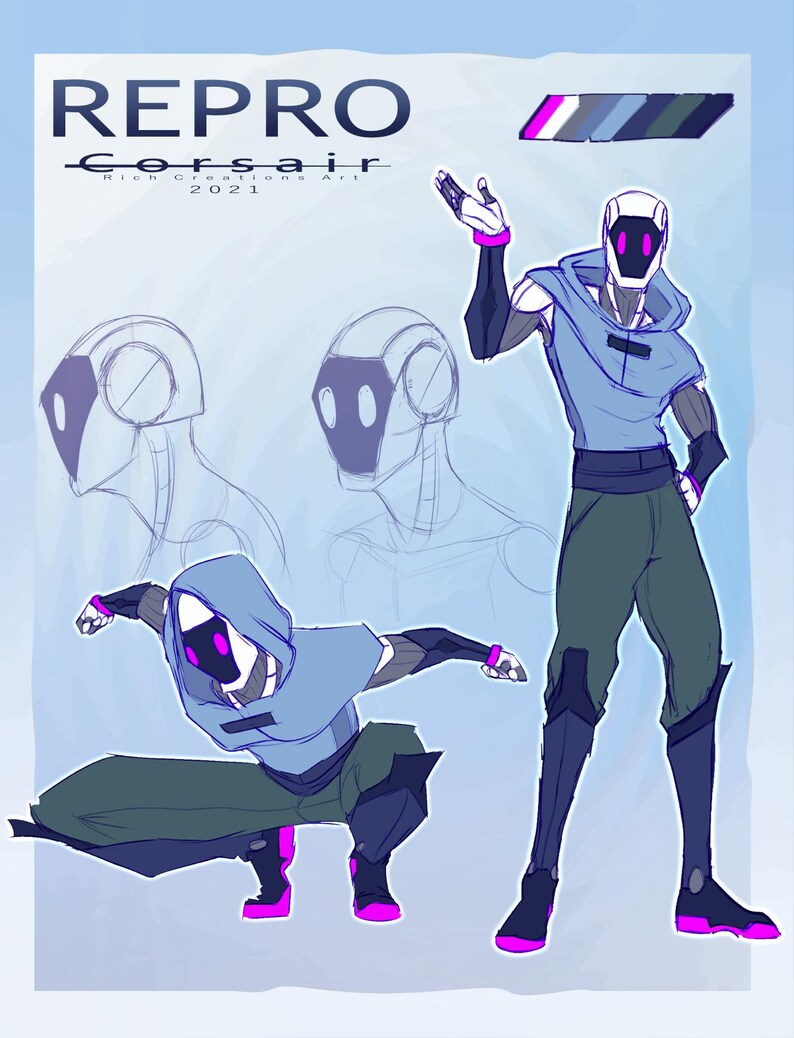 May include: Digital art illustration of a futuristic character in a blue hooded top and green pants. The character has a white face with purple accents and is in two poses. The word "REPRO" is at the top, with "Corsair" and "Rich Creations Art 2021" below.