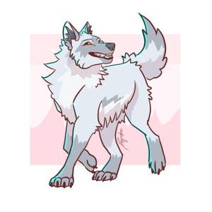 May include: A cartoon illustration of a wolf in shades of white, gray, and teal. The wolf is smiling and walking, with a pink background and a white border. The artwork has a digital art style.