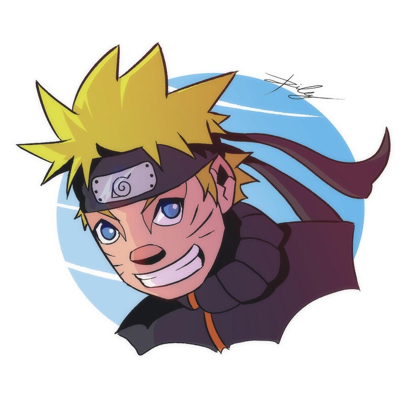 May include: Illustration of a smiling anime character with spiky yellow hair, blue eyes, and a black headband with a silver emblem. The character wears a black and orange outfit, set against a blue and white background.