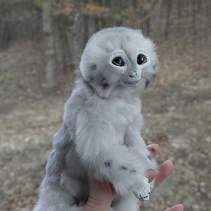 May include: A white, furry, stuffed toy with large, black eyes and a small, pink nose. The toy is sitting on a person's hand.