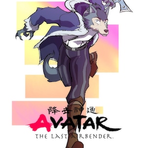 May include: Illustration of a wolf-like character in a dynamic pose, wielding a weapon. The character is clad in a purple and white outfit, with a tail and claws. The image includes the text "AVATAR THE LAST AIRBENDER."