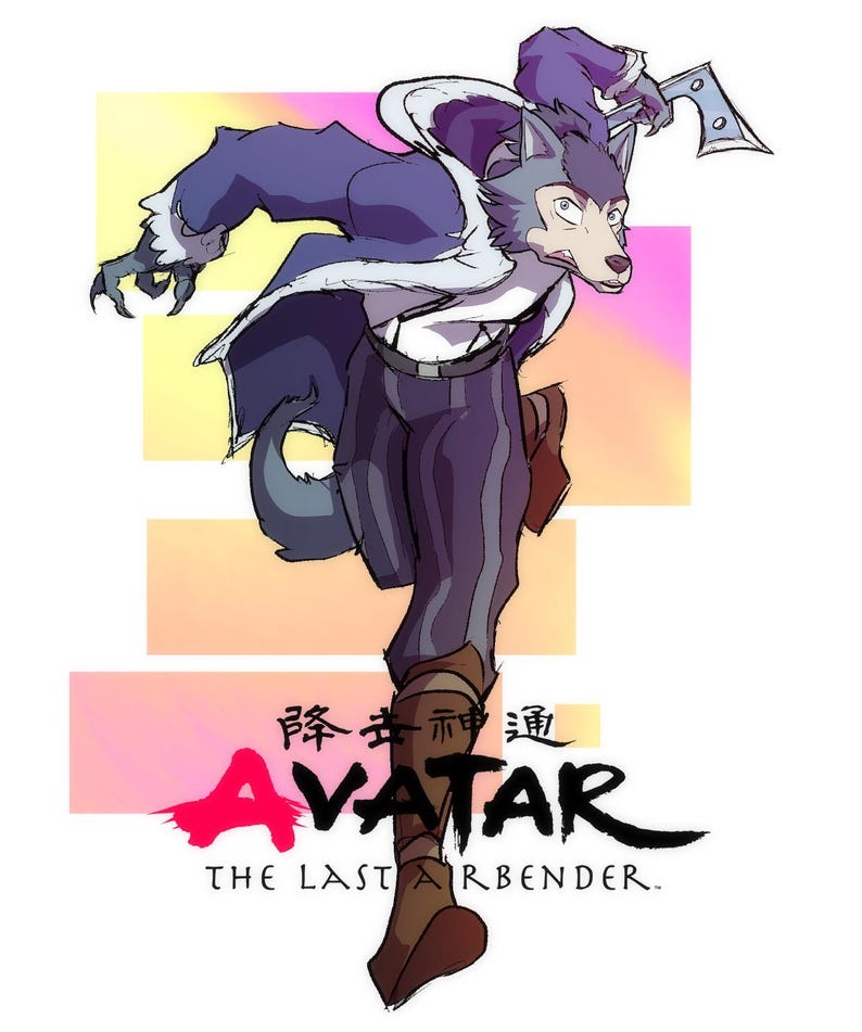 May include: Illustration of a wolf-like character in a dynamic pose, wielding a weapon. The character is clad in a purple and white outfit, with a tail and claws. The image includes the text "AVATAR THE LAST AIRBENDER."