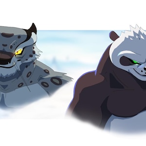 May include: Digital illustration featuring two characters from the Kung Fu Panda animated film series. One is a snow leopard with gray fur and yellow eyes, the other is a panda with black and white fur and green eyes.