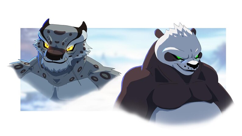 May include: Digital illustration featuring two characters from the Kung Fu Panda animated film series. One is a snow leopard with gray fur and yellow eyes, the other is a panda with black and white fur and green eyes.