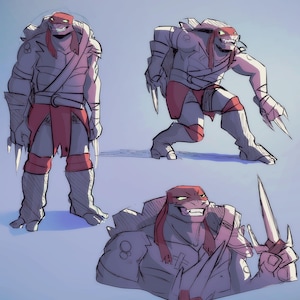 May include: Illustration of a character in three poses. The character is a humanoid turtle with a red mask, gray armor, and red accents. The character is holding a bladed weapon in one pose.