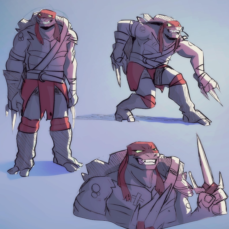 May include: Illustration of a character in three poses. The character is a humanoid turtle with a red mask, gray armor, and red accents. The character is holding a bladed weapon in one pose.
