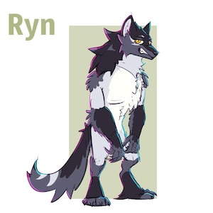 May include: Illustration of a wolf-like character with black, white, and gray fur, yellow eyes, and a stern expression. The character is standing with a neutral pose. The word "Ryn" is written in green at the top left.