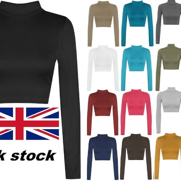 Womens Turtle Neck Crop Top  Long Sleeve Plain Ladies Polo Short Stretch Top 8-14