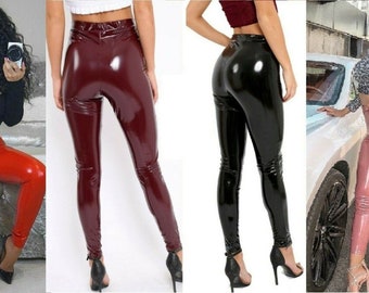 Womens Wet Look Shiny Vinyl High Waisted Elasticated Jeggings Ladies Leggings UK Size 8-24