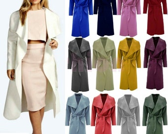 Women Italian Long Duster Jacket Ladies French Belted Trench Waterfall Coat 8-22