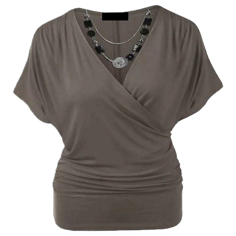 Womens Ladies Wrap Over Crossover V Neck Necklace Loose Tunic Batwing Top 8-22 Mocha