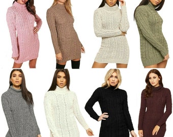 Ladies Chunky Cable Knitted Polo Neck Long Sleeve Warm Sweater Jumper Dress