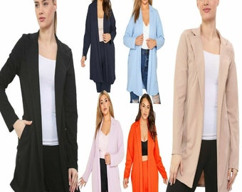 Plus Size Longline Blazer Open Front Pocket Work Office Jacket Ladies Women's