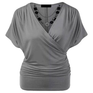 Womens Ladies Wrap Over Crossover V Neck Necklace Loose Tunic Batwing Top 8-22 Gray