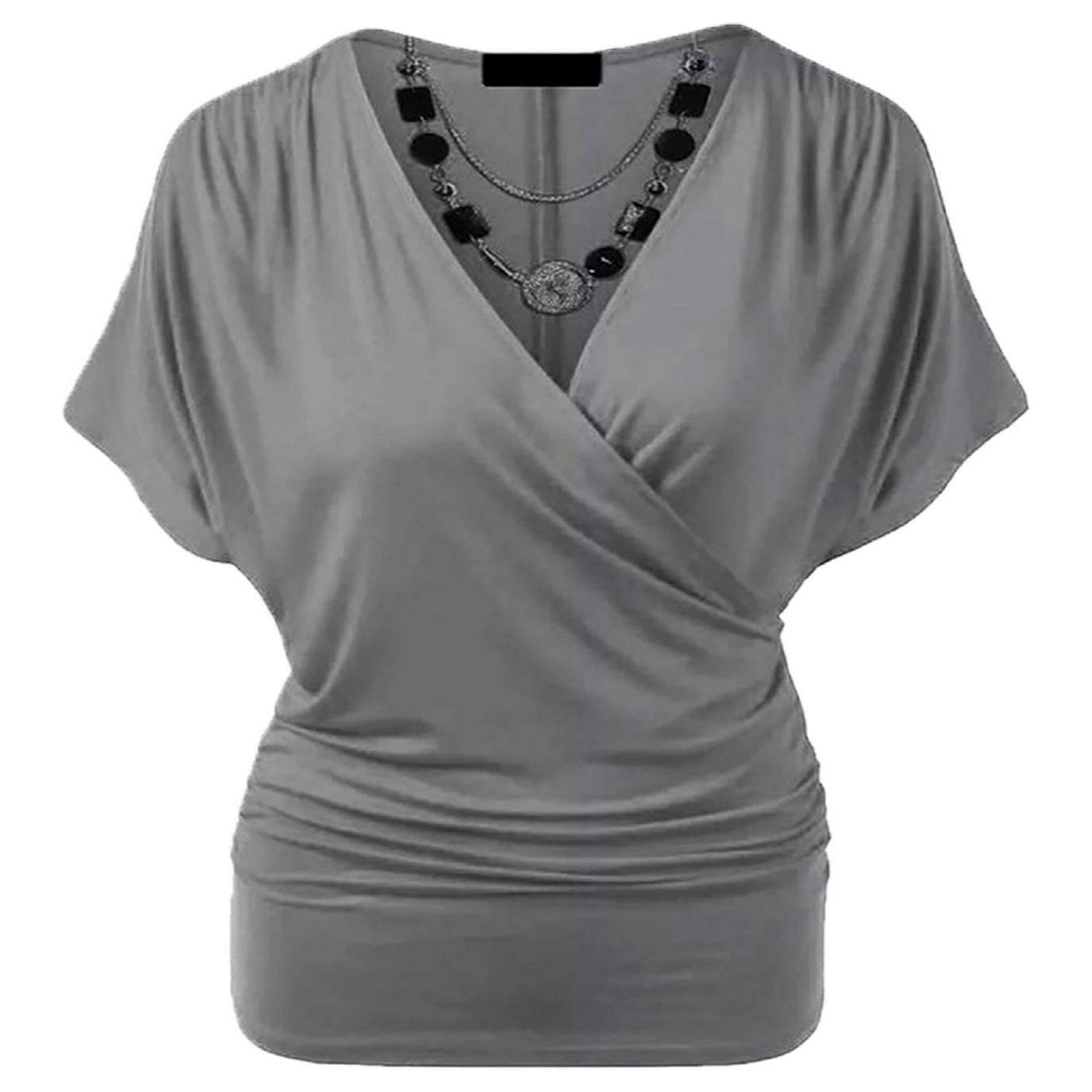 Womens Ladies Wrap Over Crossover V Neck Necklace Loose Tunic Batwing ...