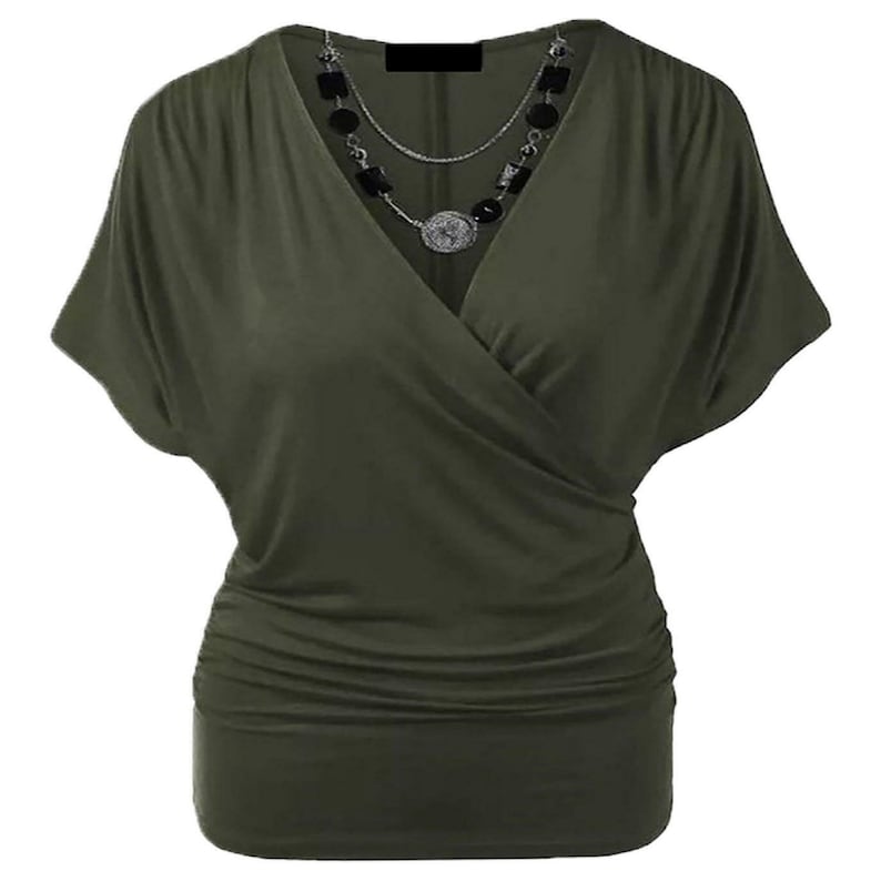 Womens Ladies Wrap Over Crossover V Neck Necklace Loose Tunic Batwing Top 8-22 Khaki