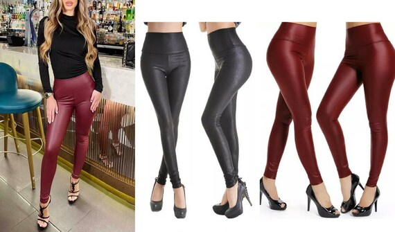 LADIES THICK PU WET LOOK HIGH WAIST LEGGINGS WOMEN FAUX LEATHER STRETCH FIT  PANT