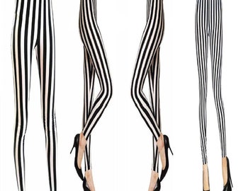 Femme Pleine Longueur Noir Et Blanc Imprimé Vertical Stripe Halloween Leggings Nouveau