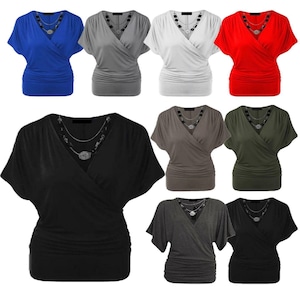 Womens Ladies Wrap Over Crossover V Neck Necklace Loose Tunic Batwing Top 8-22 image 1