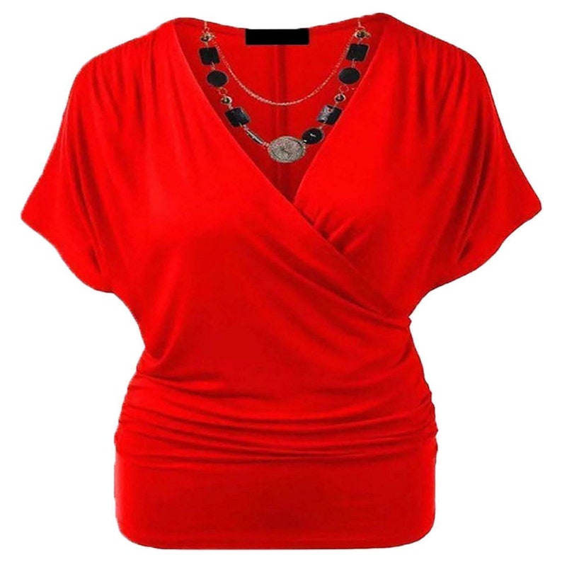 Womens Ladies Wrap Over Crossover V Neck Necklace Loose Tunic Batwing Top 8-22 Red