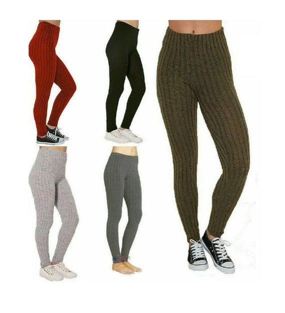 Ladies Thick Warm Leggings Pants Womens Cable Knit Full Length Ribbed 