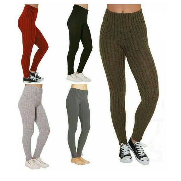 Ladies Thick Warm Leggings Pants Womens Cable Knit Full Length Ribbed