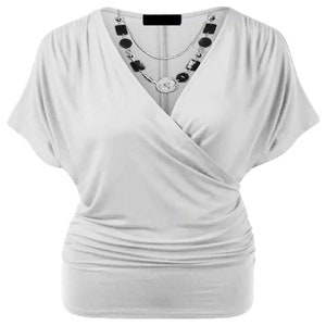 Womens Ladies Wrap Over Crossover V Neck Necklace Loose Tunic Batwing Top 8-22 White