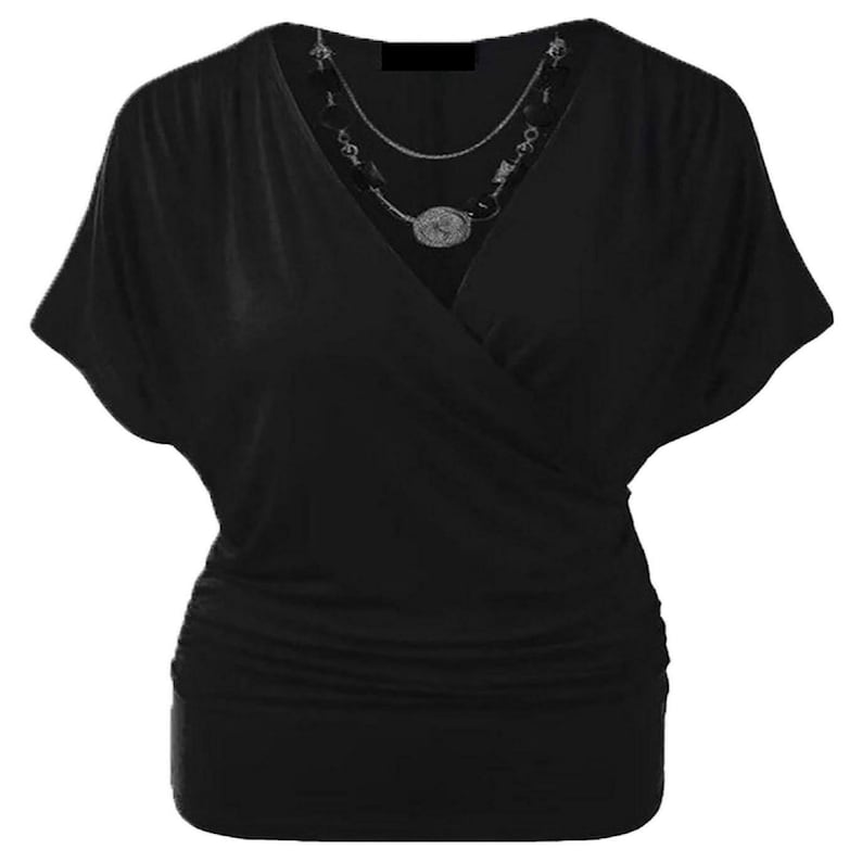 Womens Ladies Wrap Over Crossover V Neck Necklace Loose Tunic Batwing Top 8-22 Black