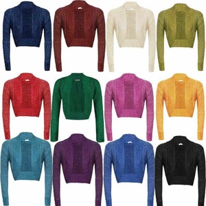 Womens Ladies Plain Long Sleeve Knitted Lurex Cardigan Shrug Bolero Top