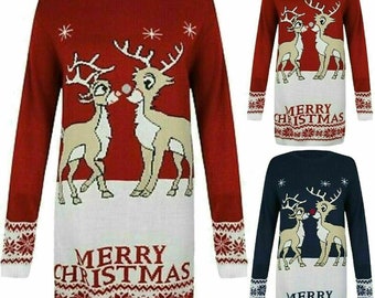 Womens Xmas Kissing Reindeer Jumper Christmas Ladies Long Midi Dress Ladies Kissing Reinder Jumper top