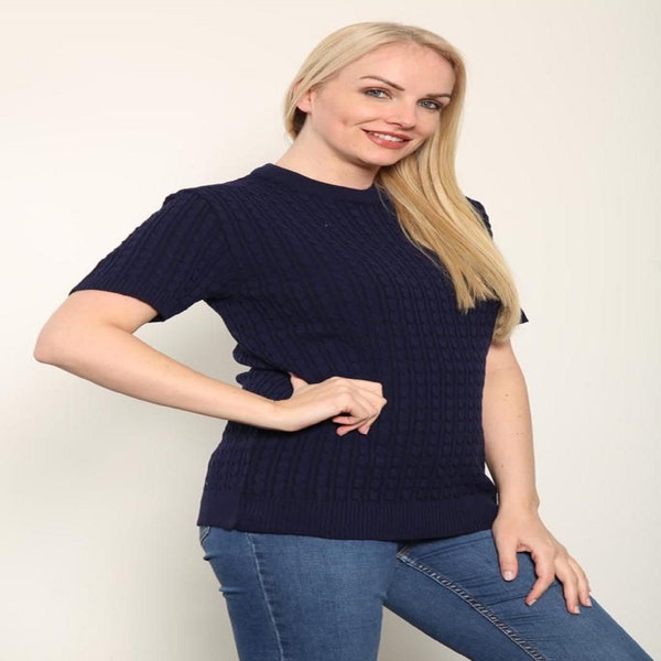 Ladies Knitted Short Sleeve Top Soft Knit Sweater Crew Neck Short Sleeve Jumper