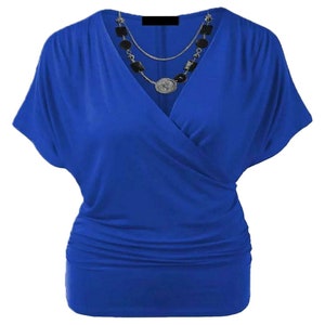 Womens Ladies Wrap Over Crossover V Neck Necklace Loose Tunic Batwing Top 8-22 Blue