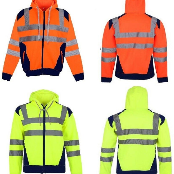 Mens Hi Viz Zip Up Jacket Hoodie  Pull Over Sweartshirt WORK TOP JUMPER  New Hi Vis Hoodies Jacket Jumper