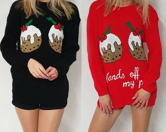 Ladies Hands Off My Pudding Xmas Christmas Jumper Ladies Pudding Knitted Top