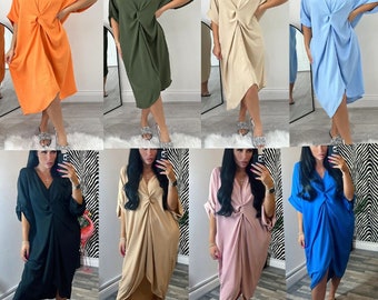 V-Neck Tie Knot Twist Front Oversized Long Summer Smock Midi Dress Womens Ladies