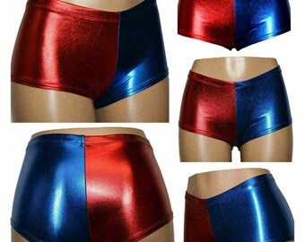 Ladies New Harley Quinn Suicide Squad Harlequin Metallic Shiny Shorts Hot Pants