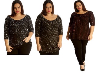 Ladies Dot Foil Glitter Party Round Neck Shirt Nouvelle WomensTop Plus Size