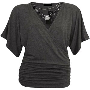 Womens Ladies Wrap Over Crossover V Neck Necklace Loose Tunic Batwing Top 8-22 Charcoal