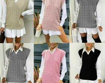 Womens Ladies Cable Knit Sleeveless Vest Knitted Jumper Tank Top Winter Sweaters