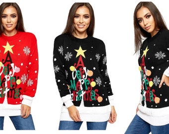 Womens Knitted A Very Merry Christmas Novelty Long Sleeve Xmas Tree Ladies Pom Jumper Ladies Xmas Jumper UK 8-22