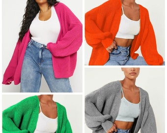 Ladies Cardigan Chunky Knitted Oversized Crop Balloon Sleeve Ladies Jumper Tops